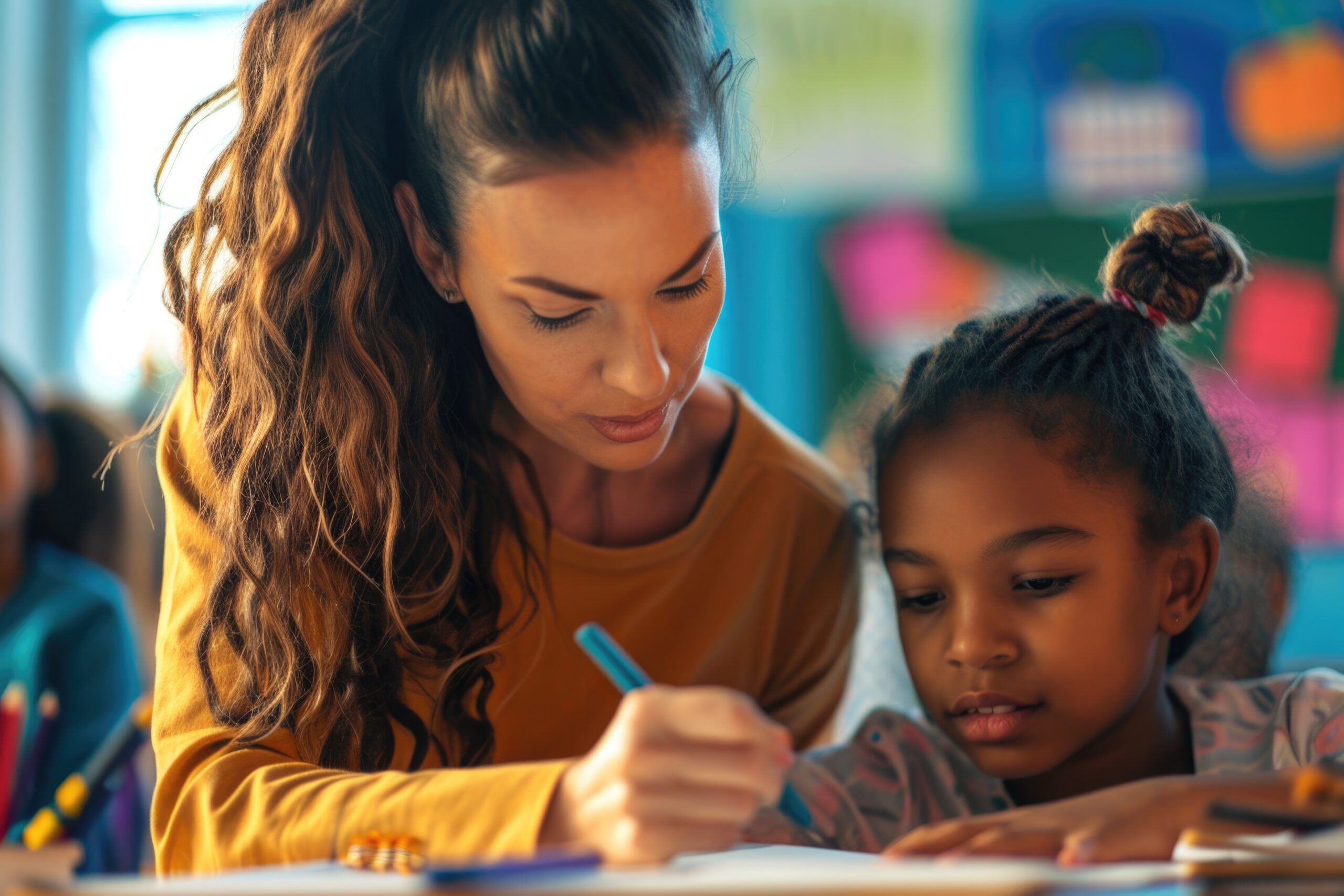 A woman is seen assisting a young girl with a pencil. This image can be used to depict education, learning, mentorship, or tutoring.